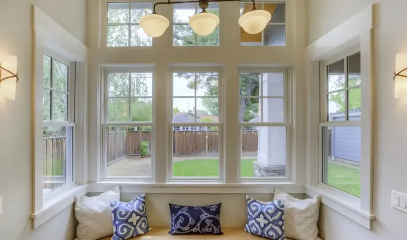 Bank of white-framed windows installed above a built-in window seat