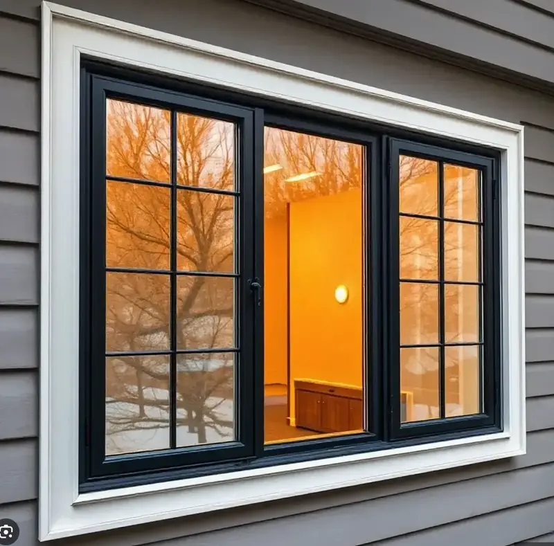 Black-framed casement window replacement on a residential home